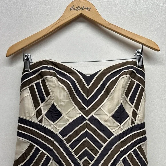 Carolina Herrera Dress Strapless Midi Silk Striped Brown Cream Size Large * - Picture 3 of 8